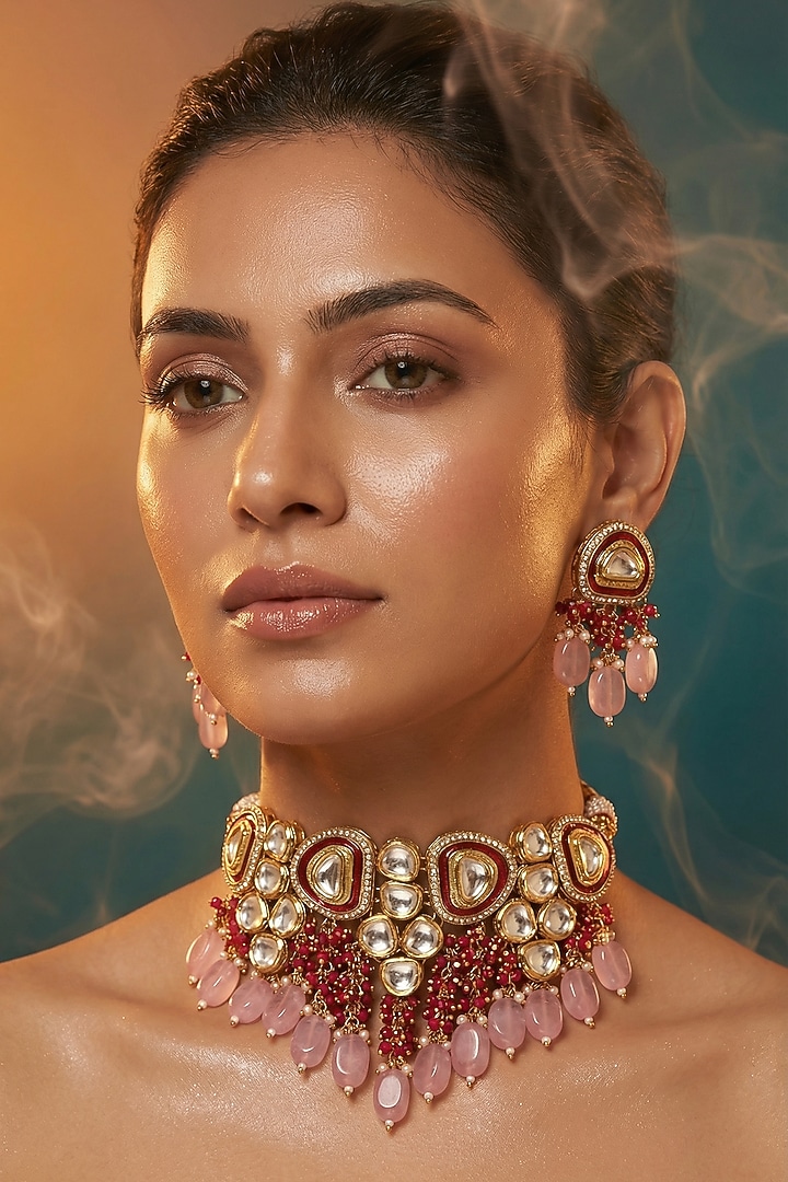 Micro Gold Finish Kundan Polki & Pearl Necklace Set by Tussya at Pernia's Pop Up Shop
