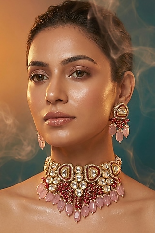 Micro Gold Finish Kundan Polki & Pearl Necklace Set by Tussya
