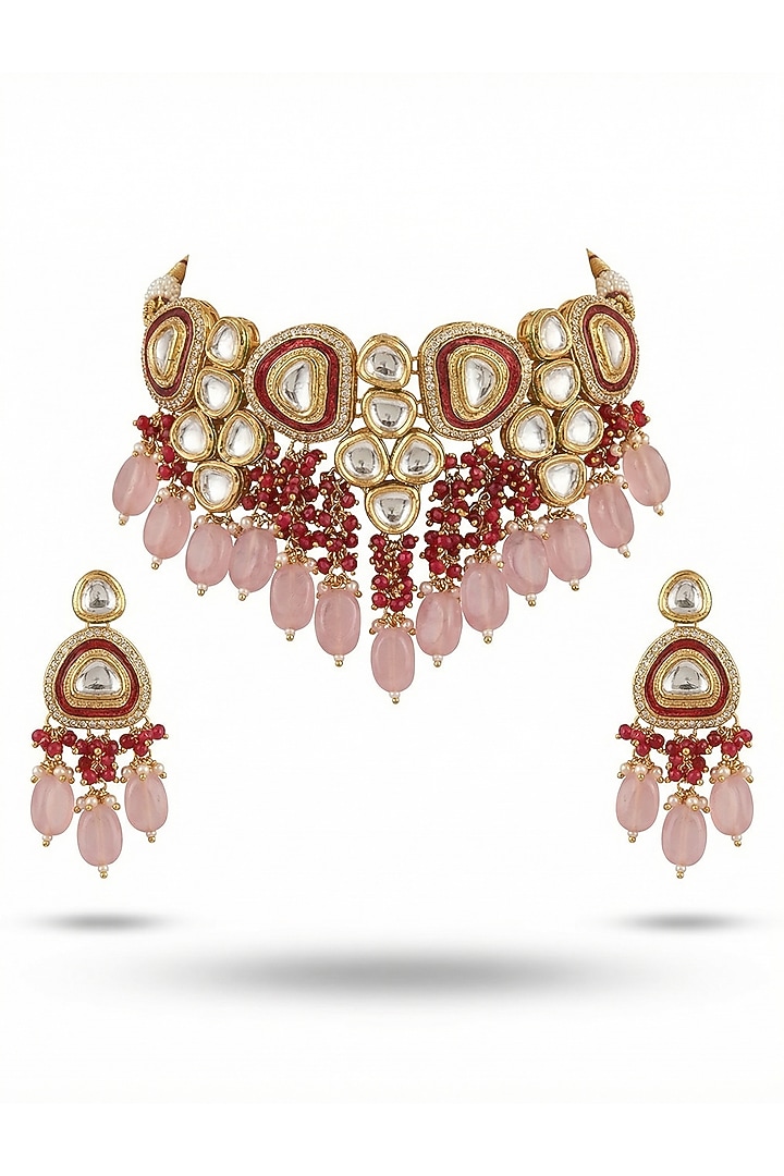 Micro Gold Finish Kundan Polki & Pearl Necklace Set by Tussya at Pernia's Pop Up Shop