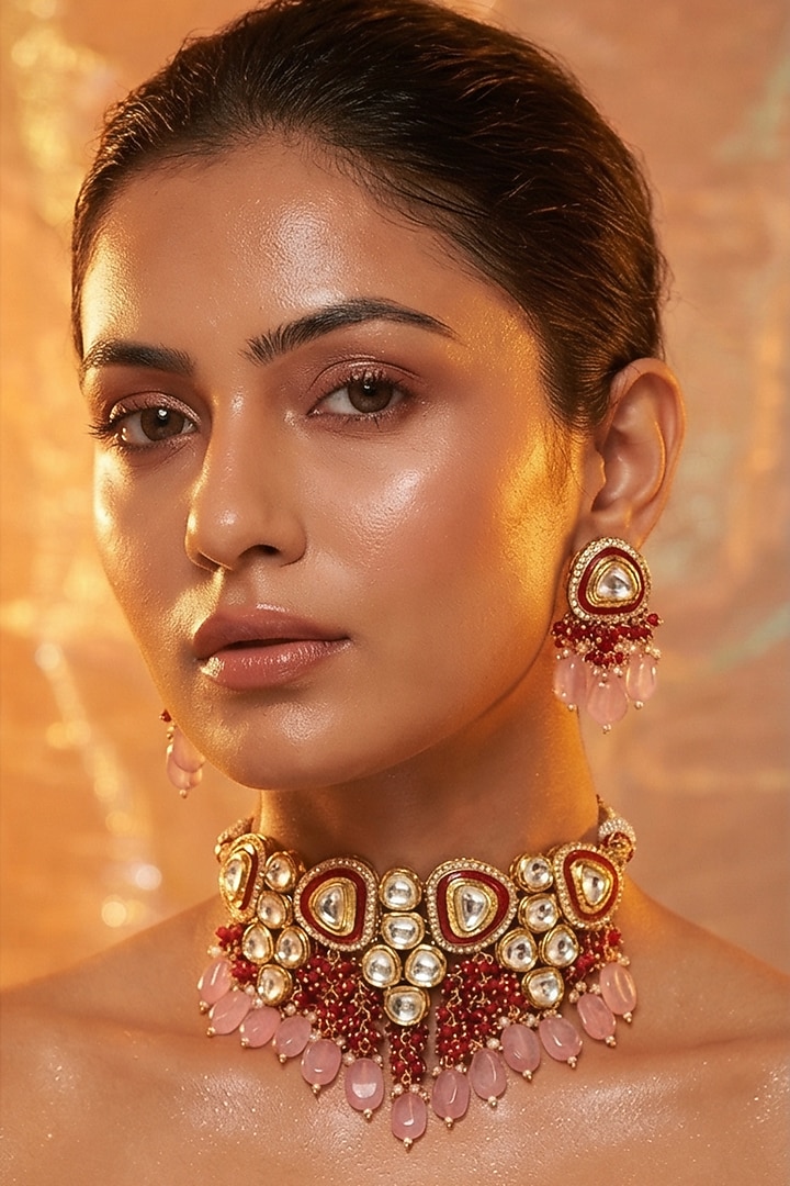 Micro Gold Finish Kundan Polki & Pearl Necklace Set by Tussya at Pernia's Pop Up Shop