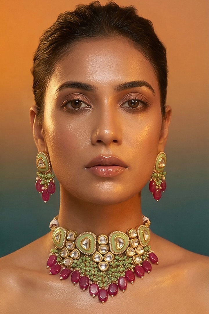 Micro Gold Finish Kundan Polki & Pearl Necklace Set by Tussya at Pernia's Pop Up Shop