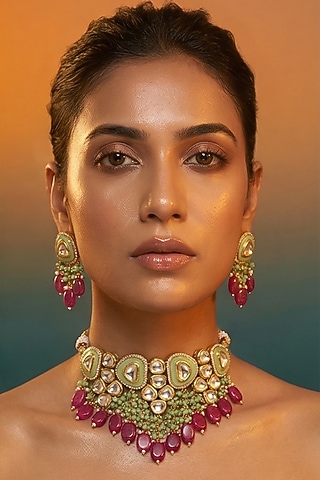 Micro Gold Finish Kundan Polki & Pearl Necklace Set by Tussya