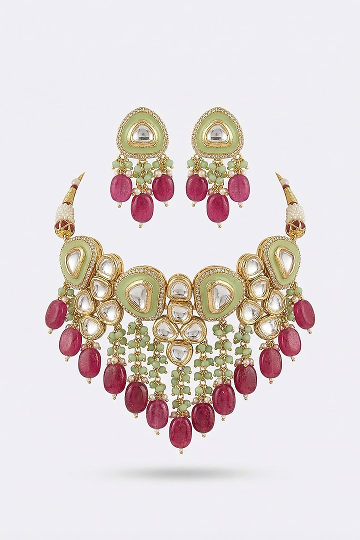 Micro Gold Finish Kundan Polki & Pearl Necklace Set by Tussya at Pernia's Pop Up Shop