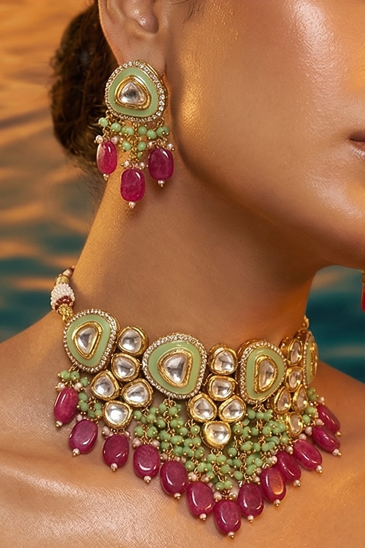 Micro Gold Finish Kundan Polki & Pearl Necklace Set by Tussya at Pernia's Pop Up Shop