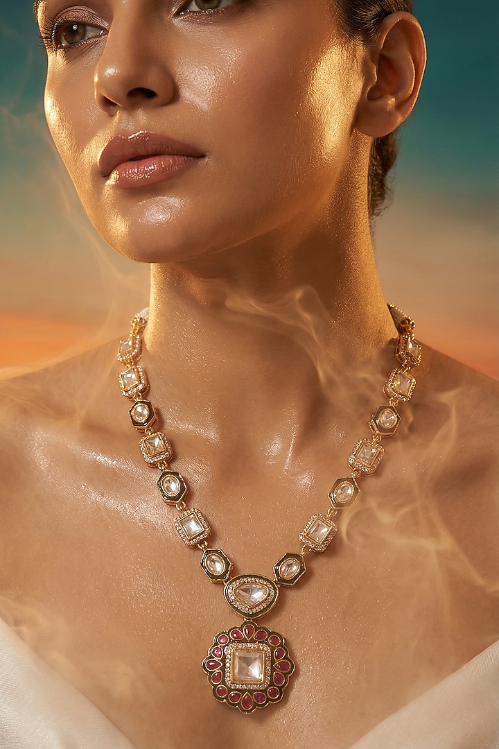 Micro Gold Finish Kundan Polki & Pearl Necklace Set by Tussya at Pernia's Pop Up Shop