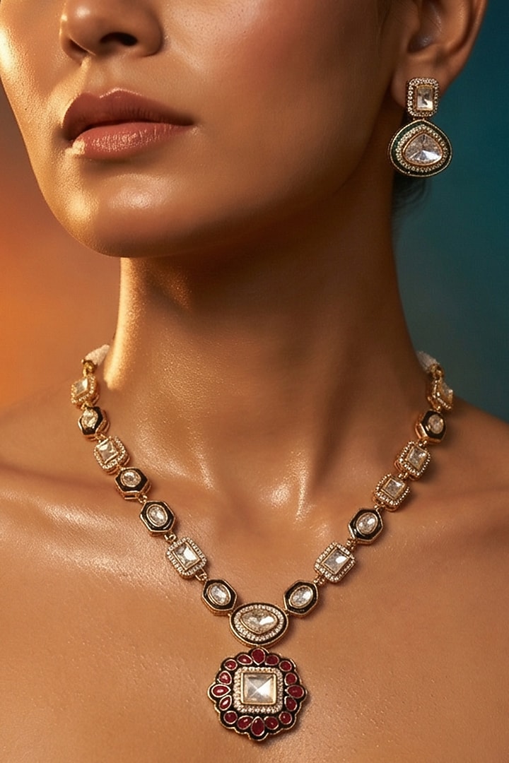 Micro Gold Finish Kundan Polki & Pearl Necklace Set by Tussya at Pernia's Pop Up Shop