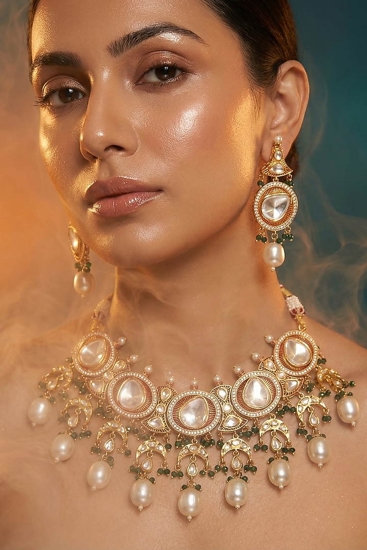 Micro Gold Finish Kundan Polki & Pearl Necklace Set by Tussya at Pernia's Pop Up Shop