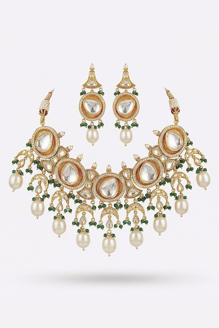 Micro Gold Finish Kundan Polki & Pearl Necklace Set by Tussya at Pernia's Pop Up Shop