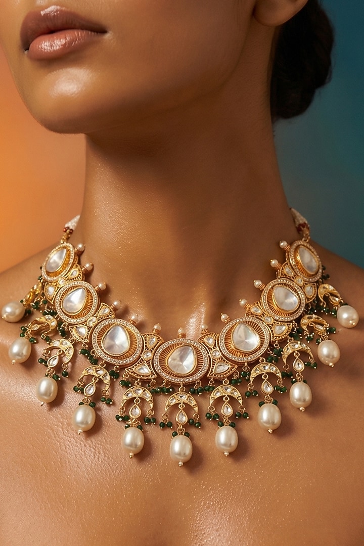 Micro Gold Finish Kundan Polki & Pearl Necklace Set by Tussya at Pernia's Pop Up Shop