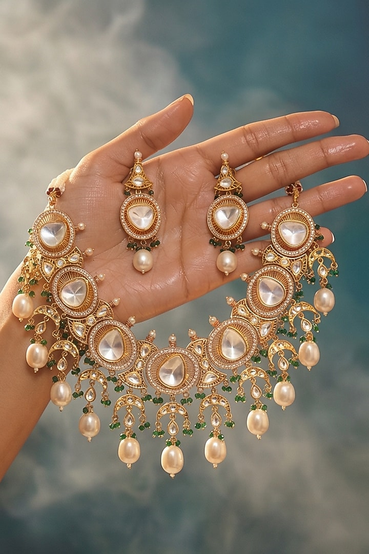 Micro Gold Finish Kundan Polki & Pearl Necklace Set by Tussya at Pernia's Pop Up Shop