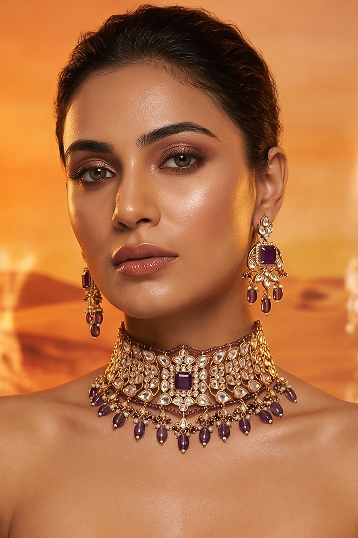 Micro Gold Finish Kundan Polki & Pearl Necklace Set by Tussya at Pernia's Pop Up Shop