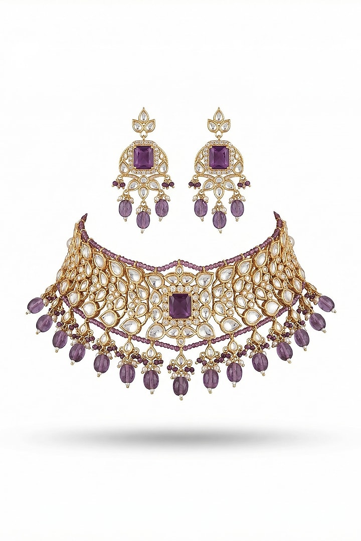 Micro Gold Finish Kundan Polki & Pearl Necklace Set by Tussya at Pernia's Pop Up Shop