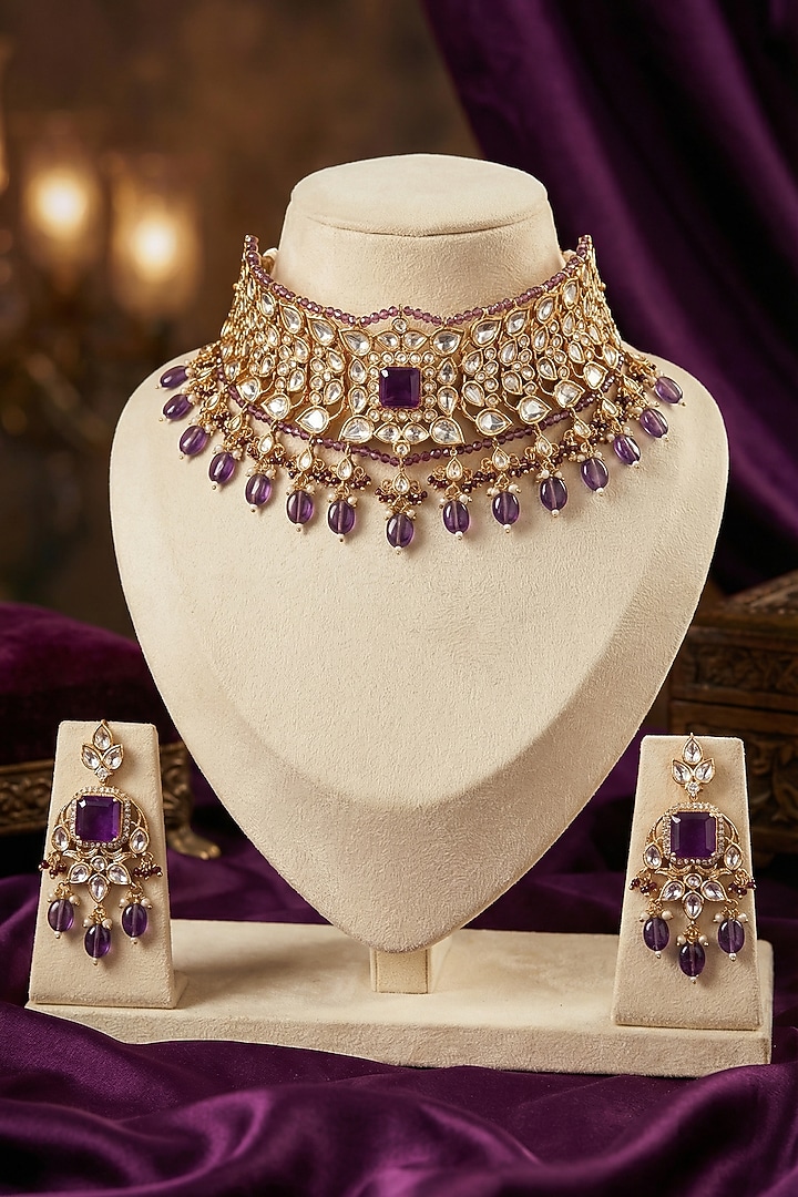 Micro Gold Finish Kundan Polki & Pearl Necklace Set by Tussya at Pernia's Pop Up Shop