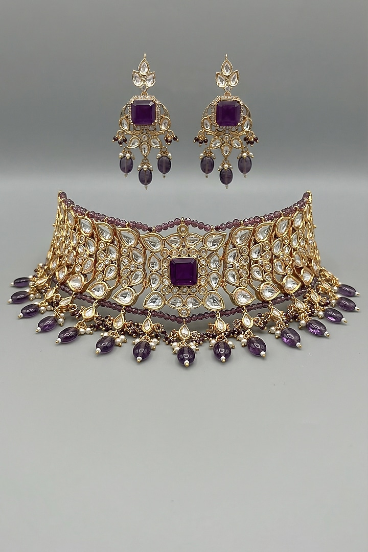 Micro Gold Finish Kundan Polki & Pearl Necklace Set by Tussya at Pernia's Pop Up Shop