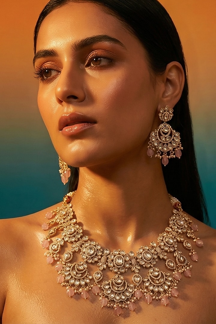 Micro Gold Finish Kundan Polki & Pearl Necklace Set by Tussya at Pernia's Pop Up Shop