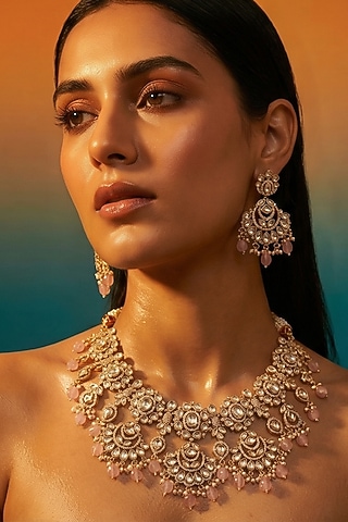 Micro Gold Finish Kundan Polki & Pearl Necklace Set by Tussya