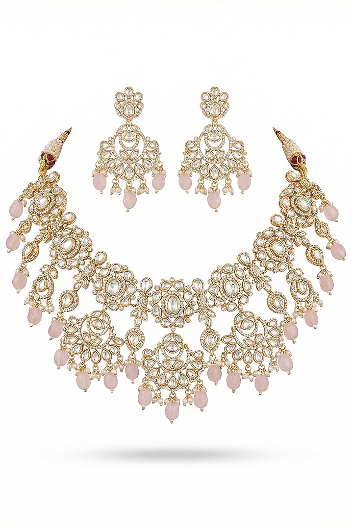 Micro Gold Finish Kundan Polki & Pearl Necklace Set by Tussya at Pernia's Pop Up Shop