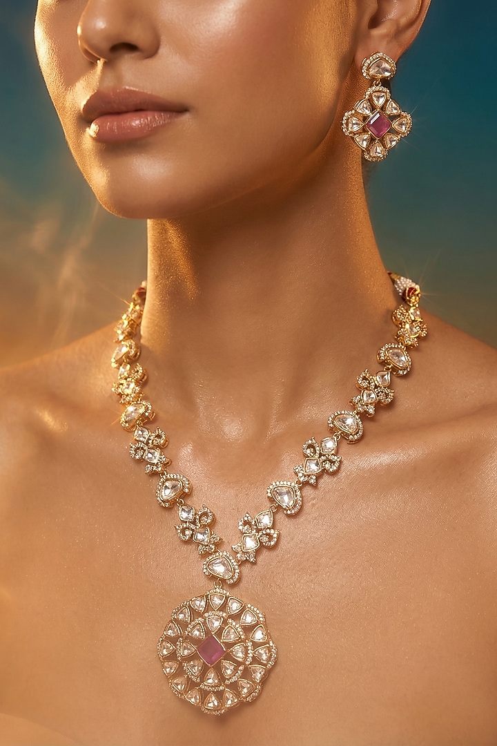 Micro Gold Finish Kundan Polki & Pearl Necklace Set by Tussya at Pernia's Pop Up Shop
