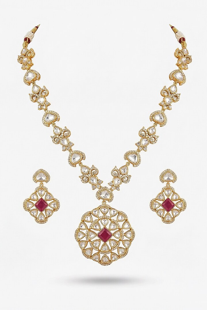 Micro Gold Finish Kundan Polki & Pearl Necklace Set by Tussya at Pernia's Pop Up Shop