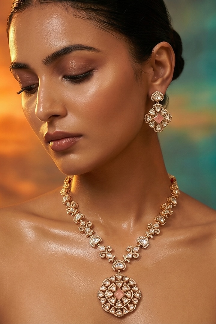 Micro Gold Finish Kundan Polki & Pearl Necklace Set by Tussya at Pernia's Pop Up Shop