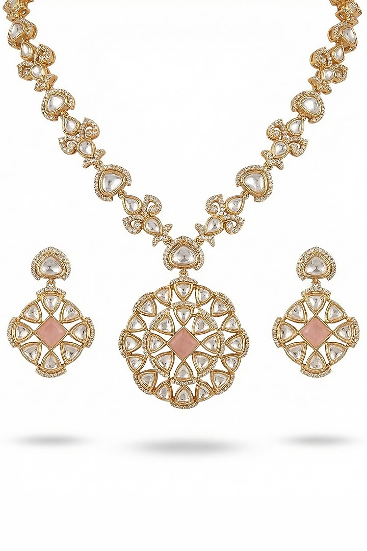 Micro Gold Finish Kundan Polki & Pearl Necklace Set by Tussya at Pernia's Pop Up Shop