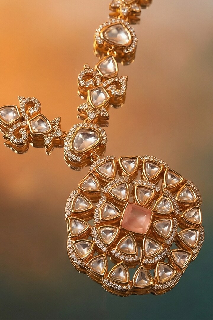 Micro Gold Finish Kundan Polki & Pearl Necklace Set by Tussya at Pernia's Pop Up Shop
