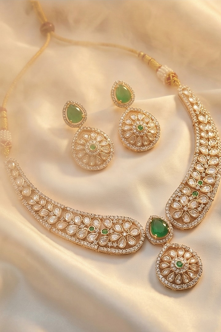 Micro Gold Finish Kundan Polki & Pearl Necklace Set by Tussya at Pernia's Pop Up Shop