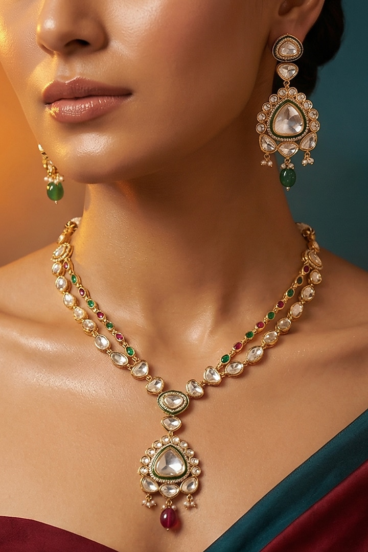 Micro Gold Finish Kundan Polki & Pearl Necklace Set by Tussya at Pernia's Pop Up Shop