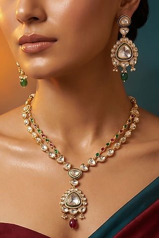 Micro Gold Finish Kundan Polki & Pearl Necklace Set by Tussya