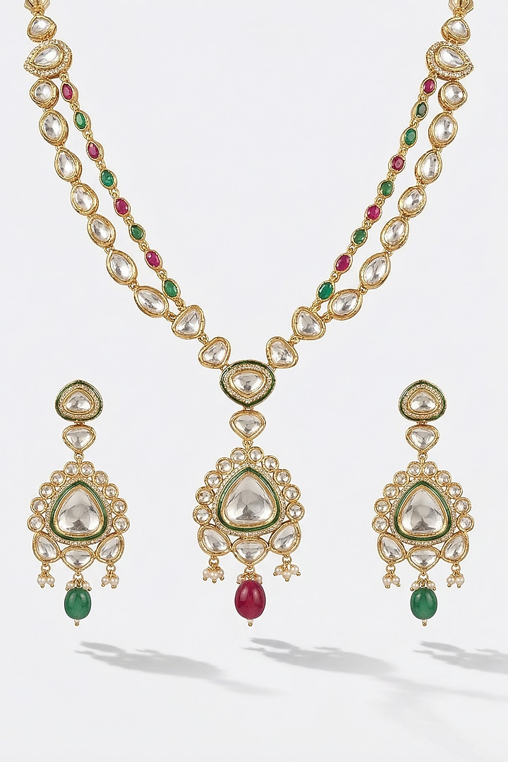 Micro Gold Finish Kundan Polki & Pearl Necklace Set by Tussya at Pernia's Pop Up Shop