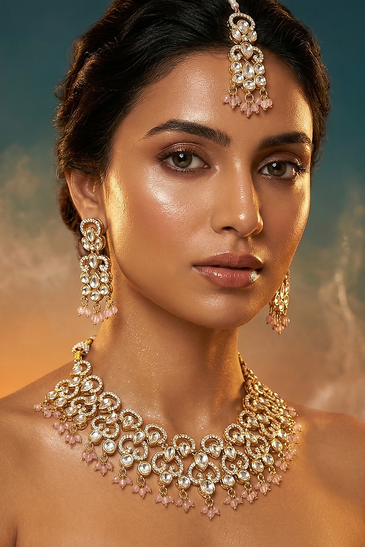 Micro Gold Finish Kundan Polki & Pearl Necklace Set by Tussya at Pernia's Pop Up Shop