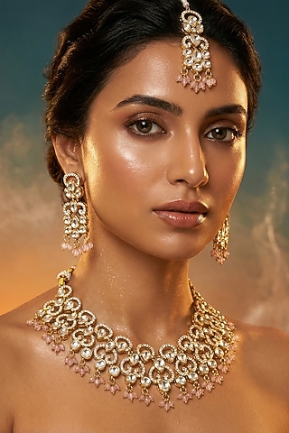 Micro Gold Finish Kundan Polki & Pearl Necklace Set by Tussya