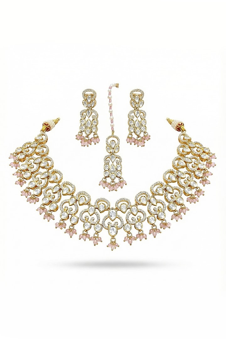 Micro Gold Finish Kundan Polki & Pearl Necklace Set by Tussya at Pernia's Pop Up Shop