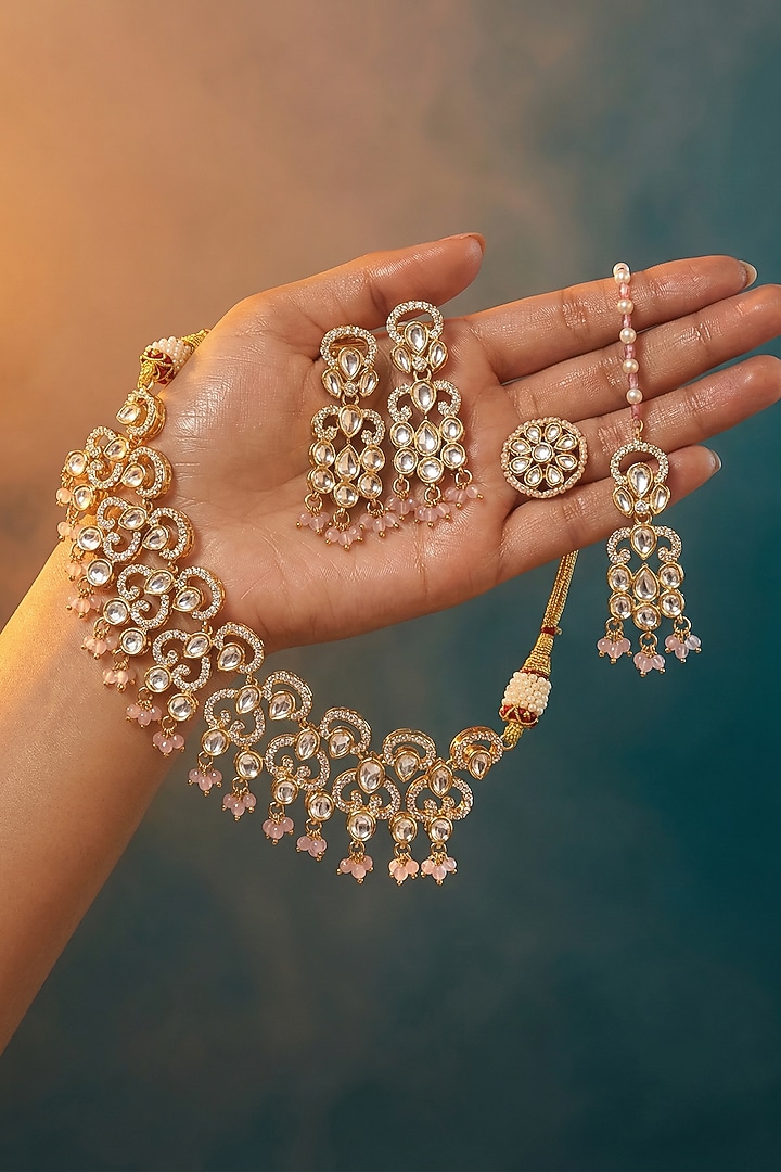 Micro Gold Finish Kundan Polki & Pearl Necklace Set by Tussya at Pernia's Pop Up Shop