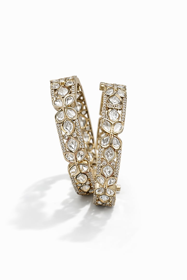 Micro Gold Finish Kundan Polki & Pearl Bangles (Set Of 2) by Tussya at Pernia's Pop Up Shop