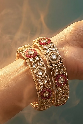 Micro Gold Finish Kundan Polki & Pearl Bangles (Set Of 2) by Tussya