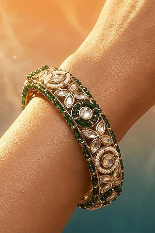 Micro Gold Finish Kundan Polki & Pearl Bangles (Set Of 2) by Tussya