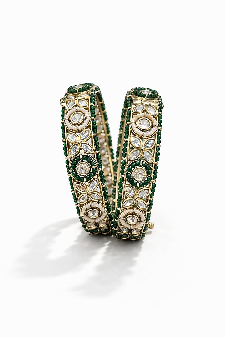 Micro Gold Finish Kundan Polki & Pearl Bangles (Set Of 2) by Tussya at Pernia's Pop Up Shop