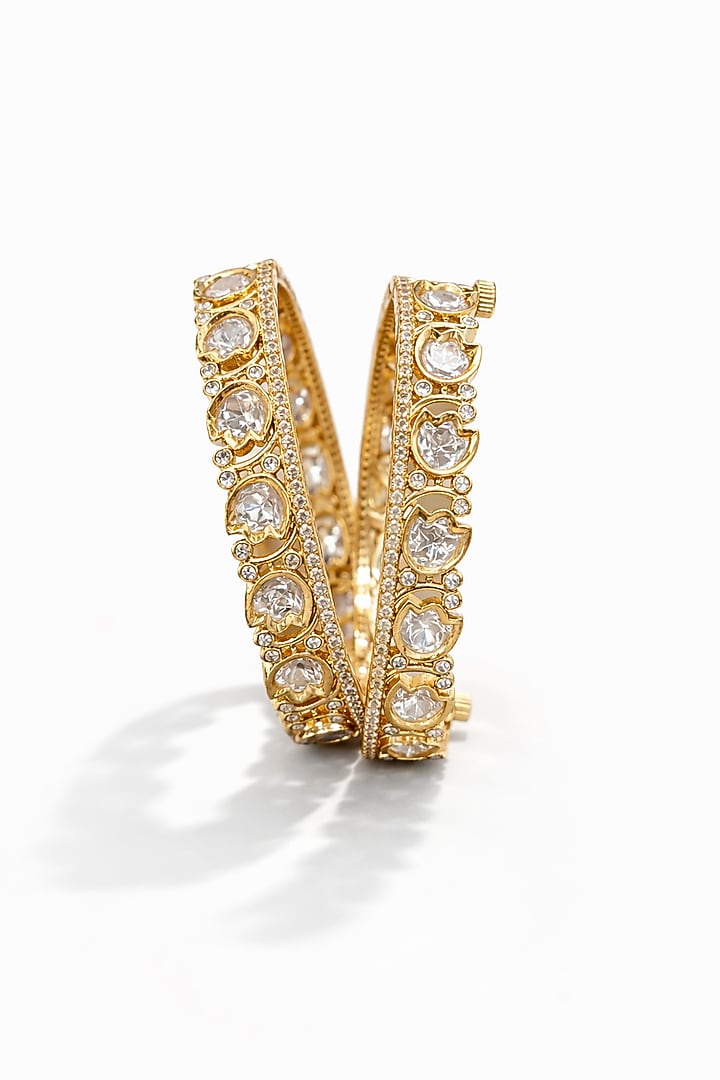 Micro Gold Finish Kundan Polki & Pearl Bangles (Set Of 2) by Tussya at Pernia's Pop Up Shop