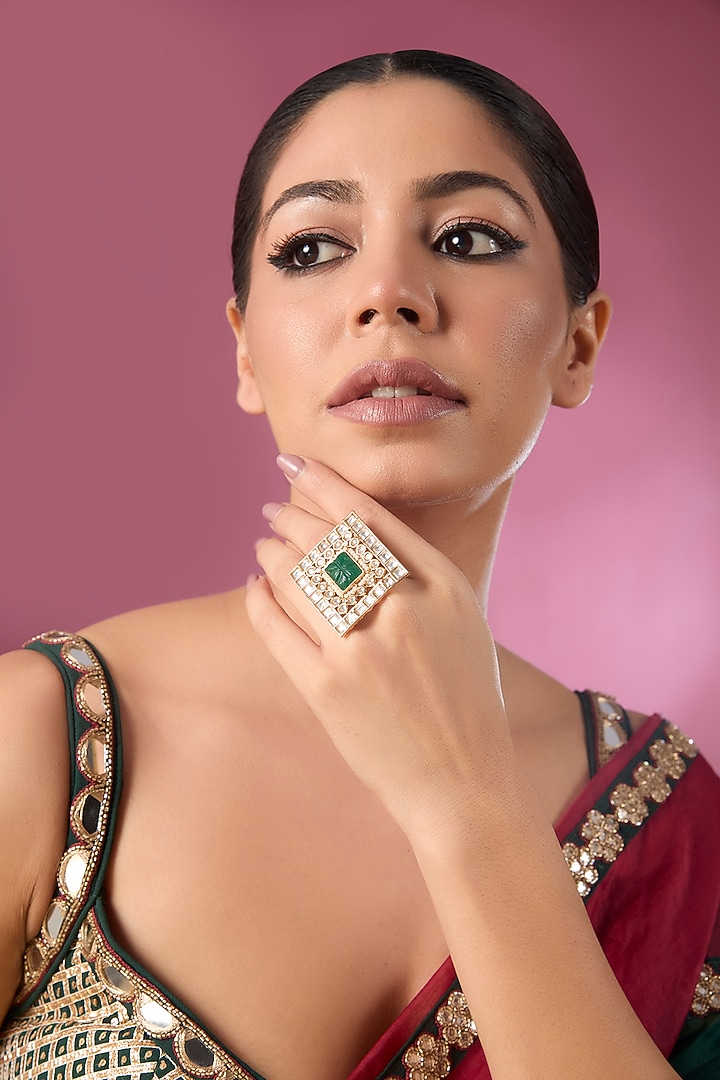 Gold Finish Kundan Polki & Emerald Stone Ring by Tussya at Pernia's Pop Up Shop