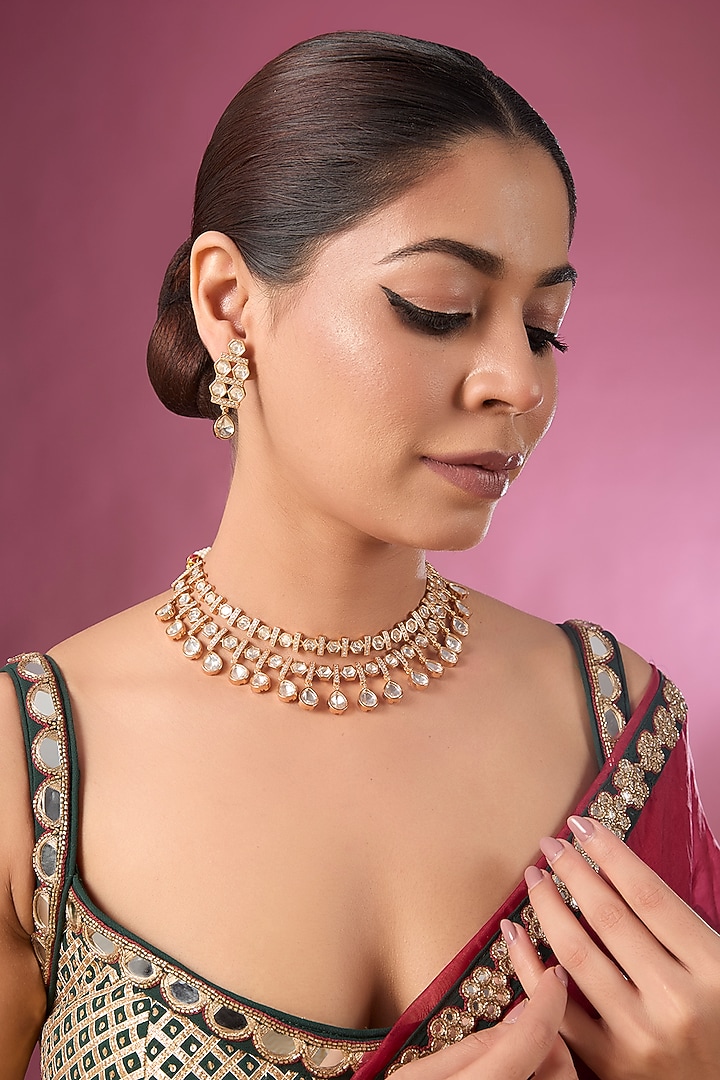 Gold Finish Moissanite Kundan Polki Necklace Set by Tussya at Pernia's Pop Up Shop