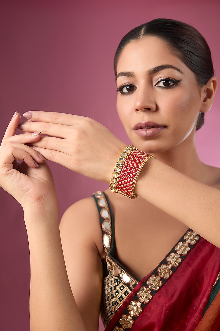 Gold Finish Kundan Polki & Ruby Stone Bangle by Tussya at Pernia's Pop Up Shop