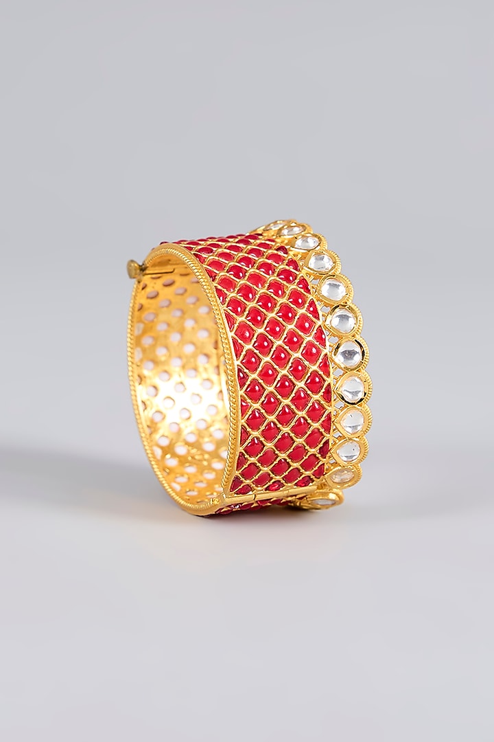 Gold Finish Kundan Polki & Ruby Stone Bangle by Tussya at Pernia's Pop Up Shop