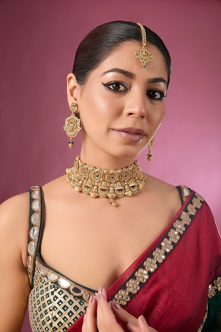Gold Finish Temple Choker Necklace Set by Tussya at Pernia's Pop Up Shop