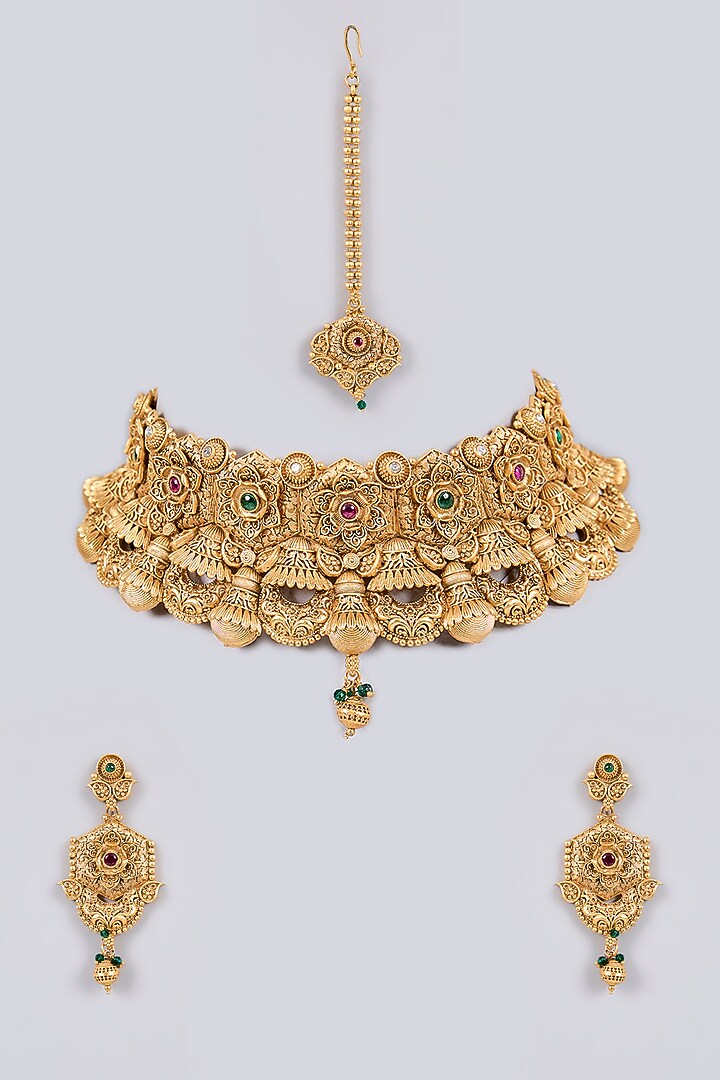 Gold Finish Temple Choker Necklace Set by Tussya at Pernia's Pop Up Shop
