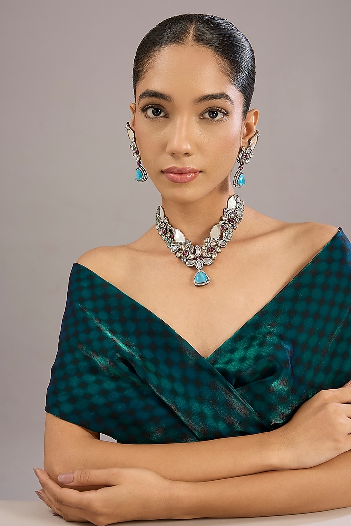 Antique Silver Finish Kundan Polki & Sapphire Stone Necklace Set by Tussya at Pernia's Pop Up Shop