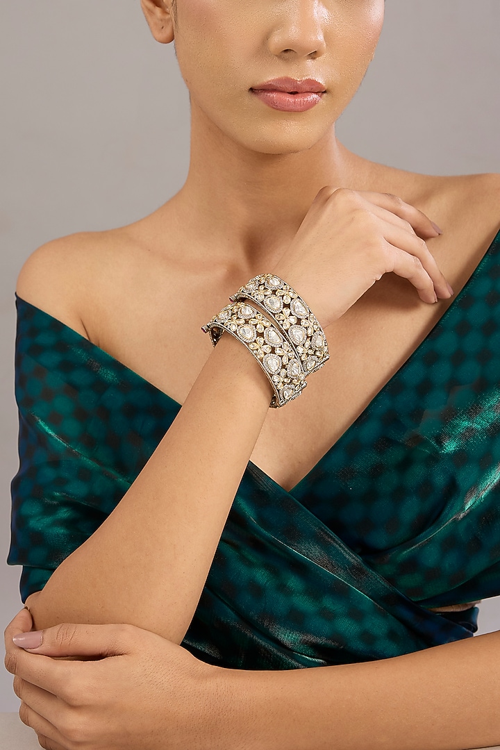 Antique Silver Finish Kundan Polki Bangles (Set Of 2) by Tussya at Pernia's Pop Up Shop