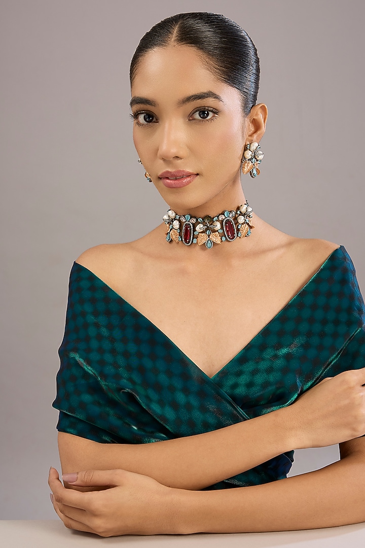 Antique Silver Finish Kundan Polki Choker Necklace Set by Tussya at Pernia's Pop Up Shop