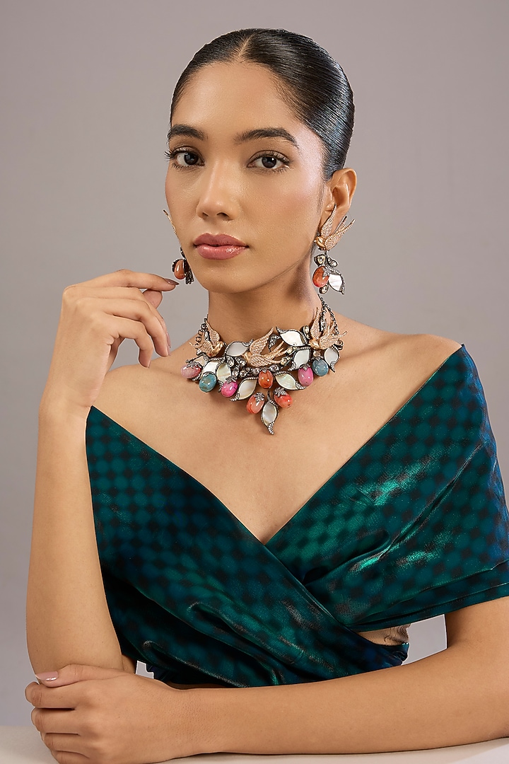 Antique Silver Finish Swarovski Crystal & Multi-Colored Stone Choker Necklace Set by Tussya at Pernia's Pop Up Shop