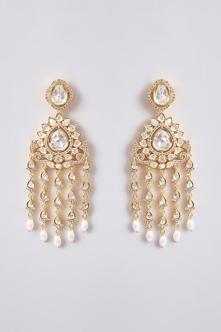 Gold Finish Kundan Polki Dangler Earrings by Tussya at Pernia's Pop Up Shop